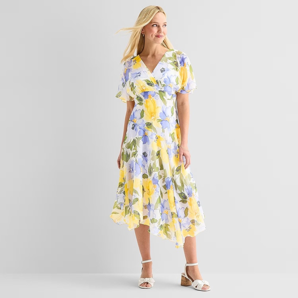 MSRP $79 Rabbit Rabbit Rabbit Womens 16 Blue/Yellow Floral Midi Dress V Neck